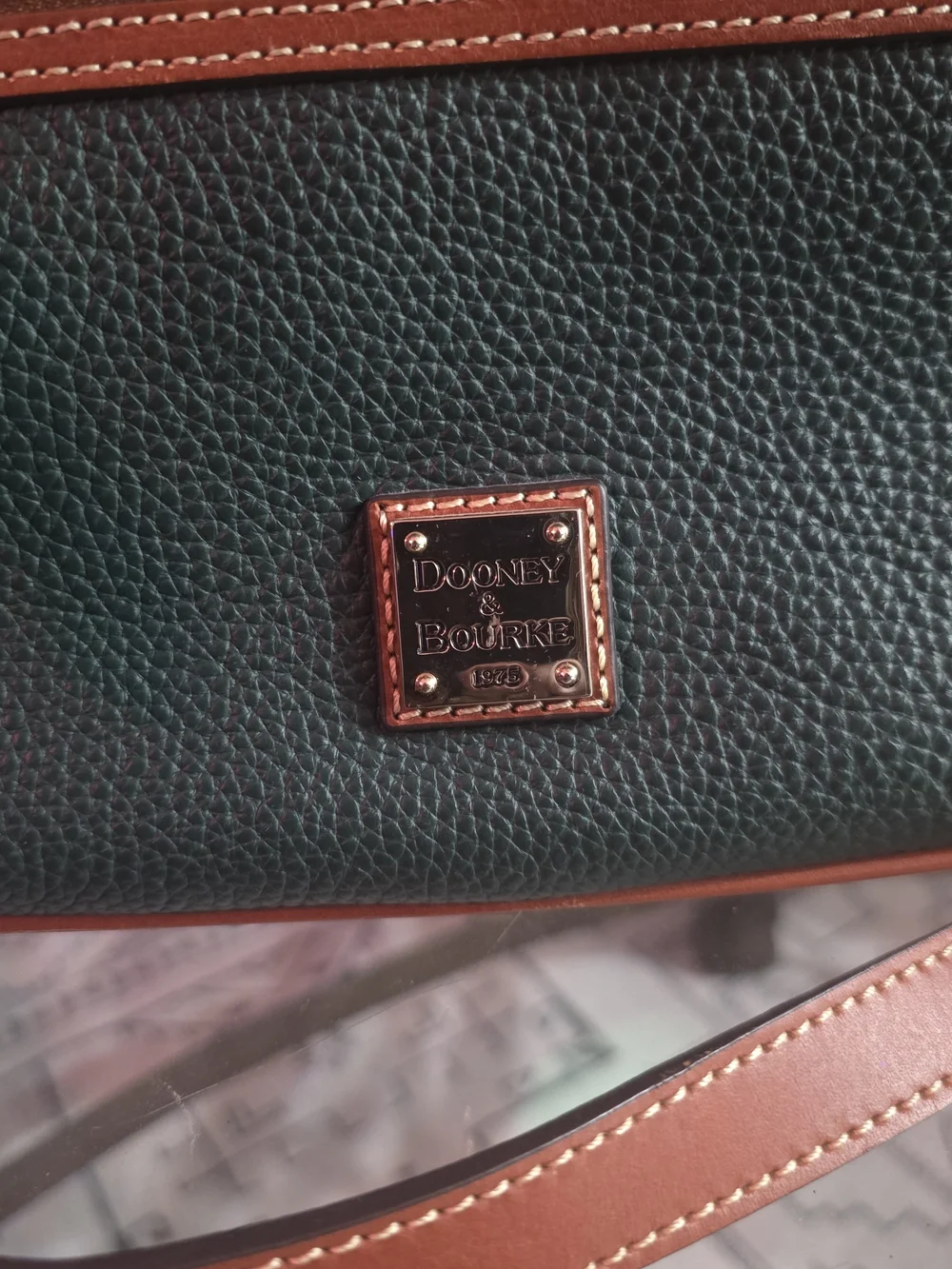 Dooney & Bourke Green Pebble Leather Crossbody with Brown Trim and Gold Hardware